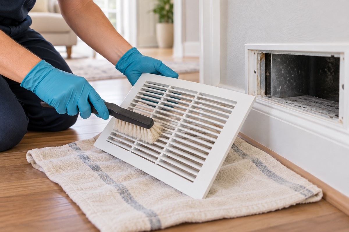 Decorative vent grille cleaning scene